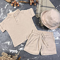 Костюм muslin cotton BEWARM дитячий шорти + футболка + панамка Бежевий