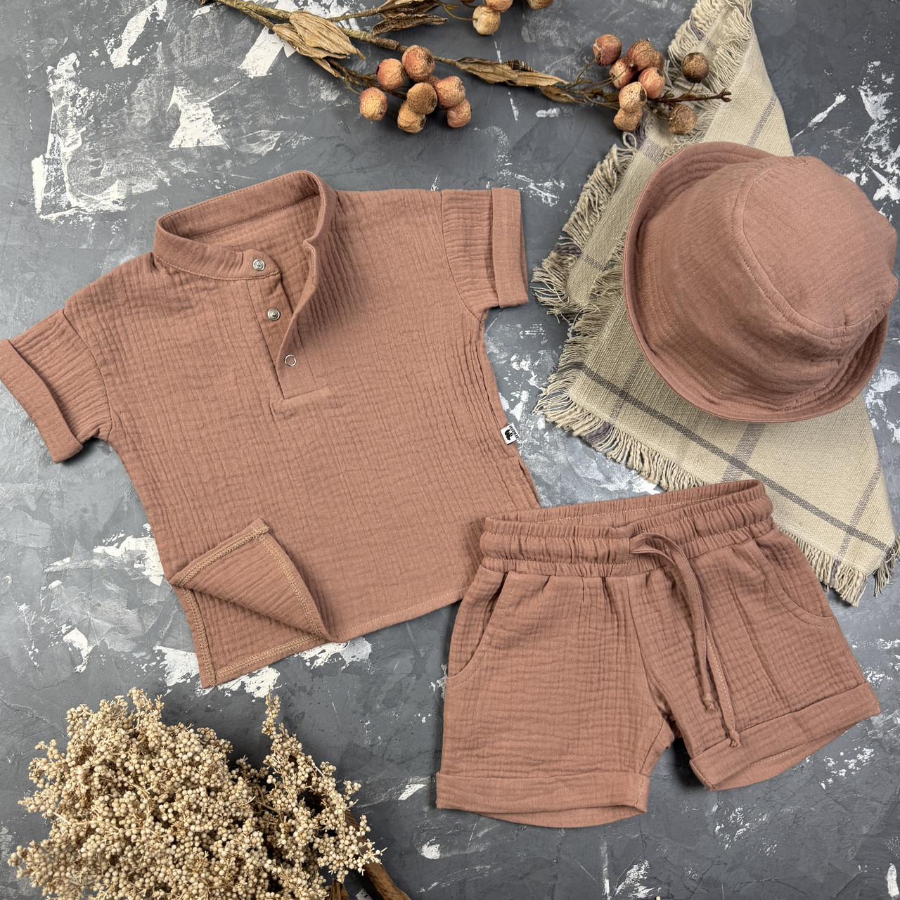 Костюм muslin cotton BEWARM дитячий шорти + футболка + панамка Шоколад