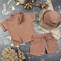 Костюм muslin cotton BEWARM дитячий шорти + футболка + панамка Шоколад