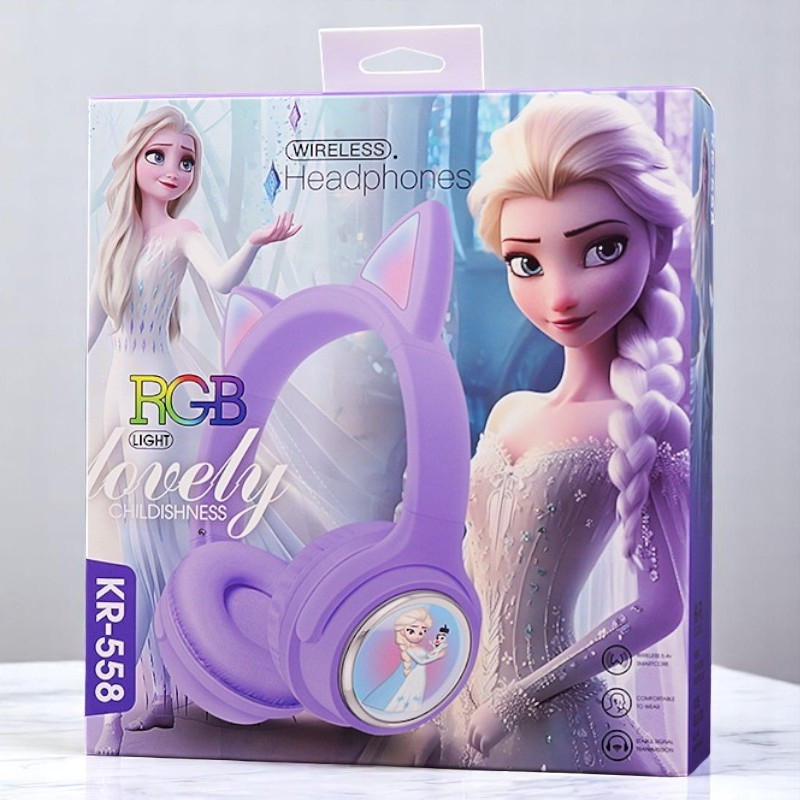Дитячі бездротові навушники Ельза KR-558 RGB Elsa з LED підсвічуванням, Bluetooth, мікрофоном, фіолетові