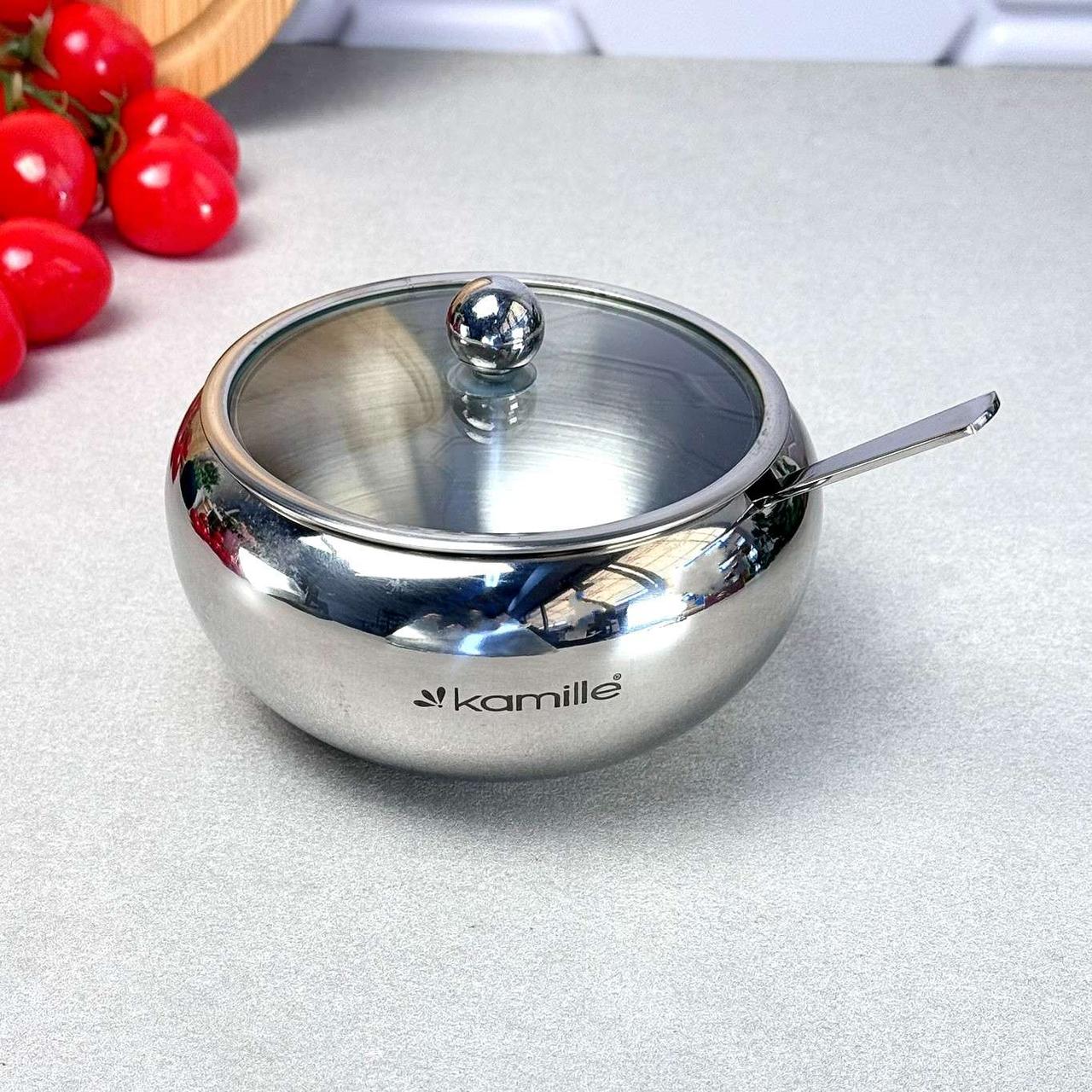 Цукорниця з нержавіючої сталі з ложкою і скляною кришкою Kamille 460 мл