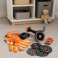 Ігровий набір Болгарка Tool Set KY1068-44 — дитяча акумуляторна шліфмашина 28 см з дисками, окулярами та рукавичками, фото 4