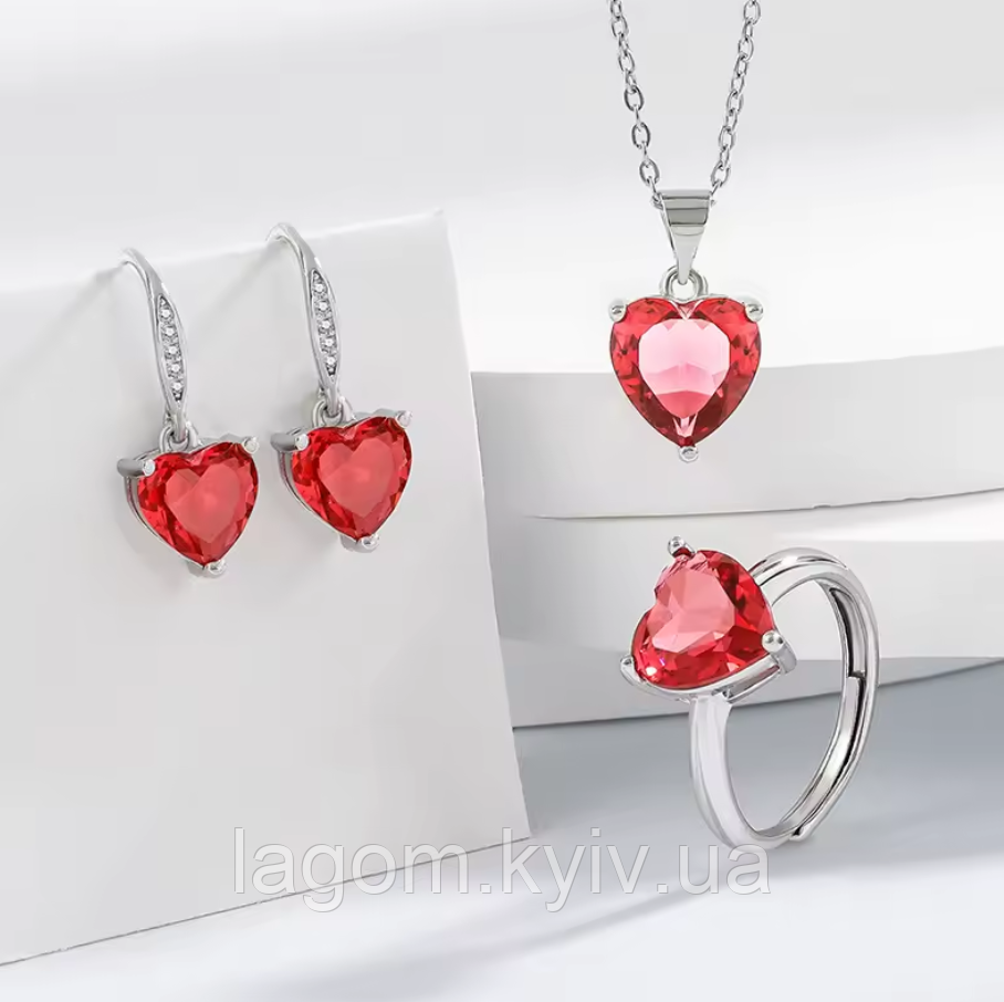 Комплект срібних прикрас Red Heart 925 проба з червоним сердечком, фото 1