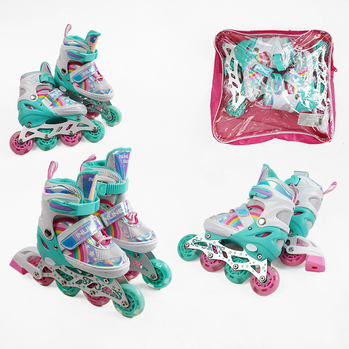 Ролики 81097-S розмір 29-33 (6) колір БІРЮЗОВИЙ, колеса PU, d коліс – 6 см, устілка 18-20 см, підсві, фото 1