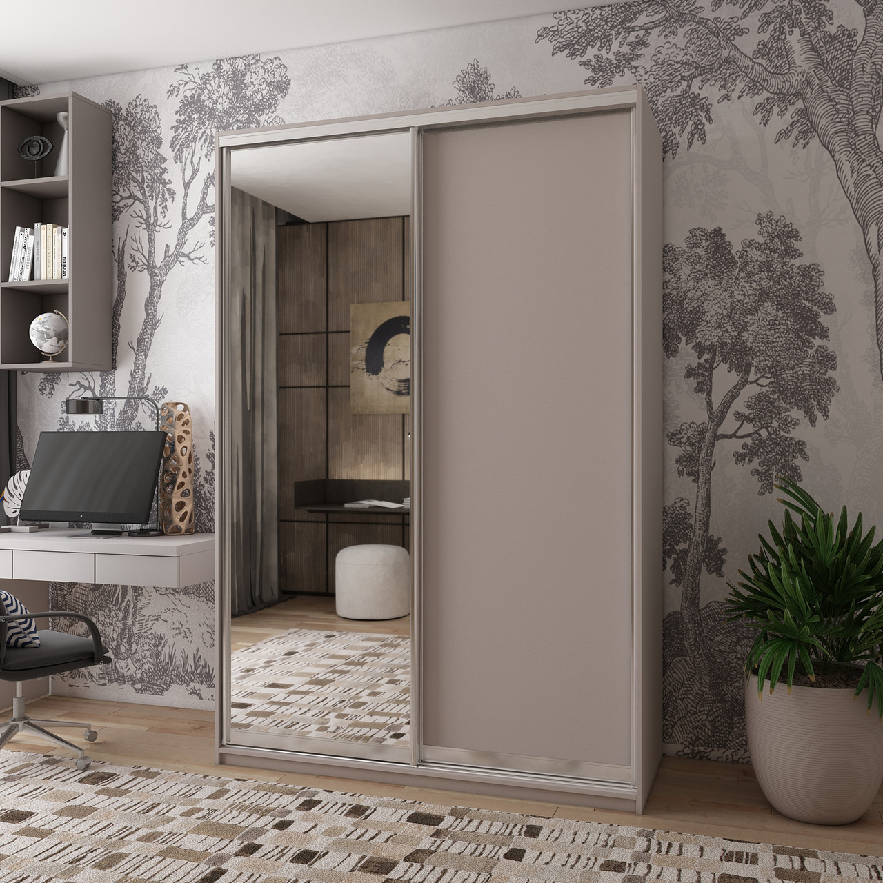 Світла шафа купе 150х45х225. Дводверна шафа купе з дзеркалом Сіті Лайт Кашемір 1 ДСП / 1 дзеркало. Шафа у вітальню, фото 1