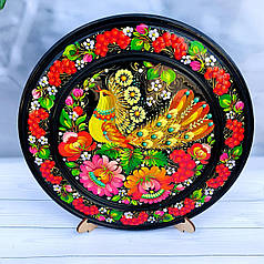 Дерев'яна тарілка 25 см з петриківським розписом "Пташка", гарний подарунок у подарунковій коробці