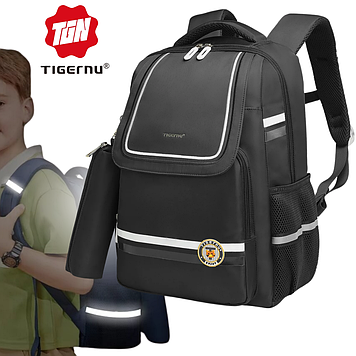 Шкільний підлітковий рюкзак зручний вентильований ортопедичний для хлопчика світловідбиваючий на навчання чорний Tigernu
