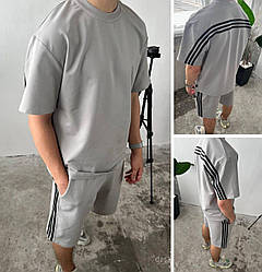 Чоловічий костюм шорти та футболка з лампасами літній повсякденний спортивний оверсайз, сірий, р. 48/50, 52/54