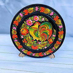 Дерев'яна тарілка 20 см з петриківським розписом "Пітушок", гарний подарунок у подарунковій коробці