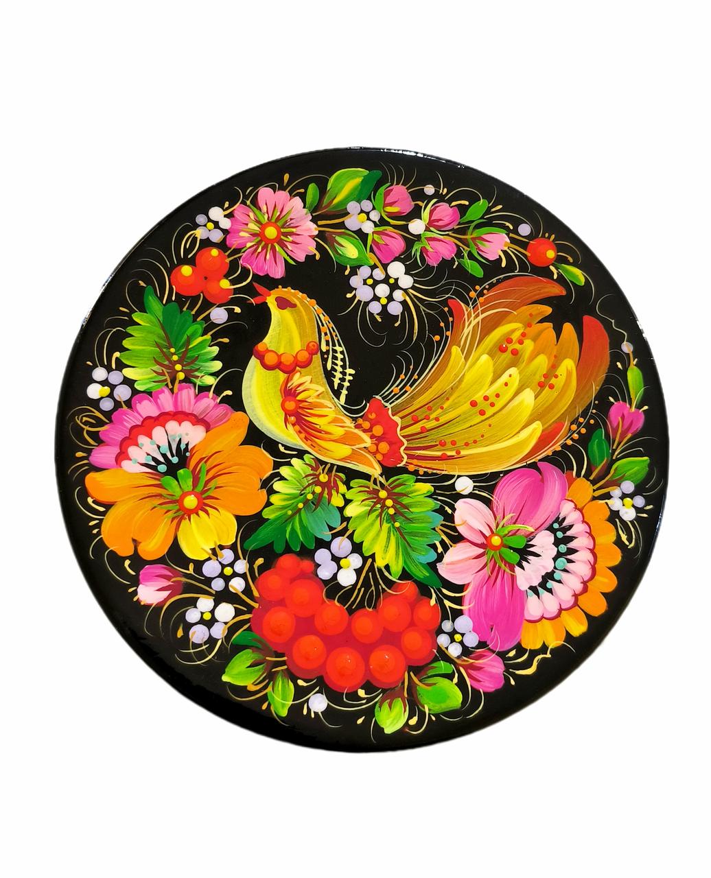 Дерев'яна тарілка 15 см з петриківським розписом "Пташка", гарний подарунок у подарунковій коробці