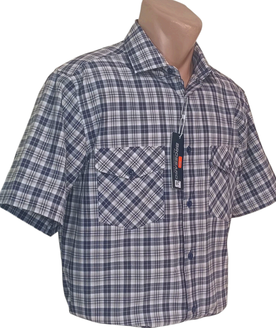 Чоловіча сорочка Brossard vk-0065 синя в клітинку класична бавовна з коротким рукавом, теніска натуральна