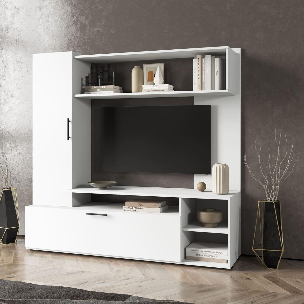 Стінка в зал з полицями для зберігання і 2 шафами з ЛДСП Красиві стінки під телевізор у вітальню, фото 1