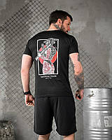 Літній комплект шорти футболкаTastical чорний, літній комплект із принтом дівчина з автоматом, футболка