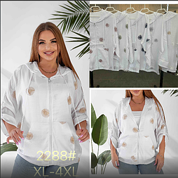 Стильна жіноча біла сорочка на блискавці з капюшоном, рукав 3/4, вишивка