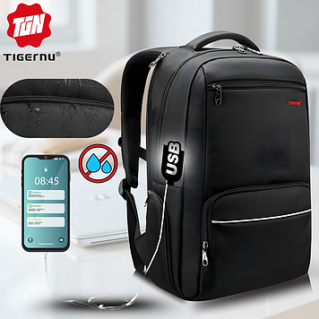 Рюкзак з usb портом міський водовідштовхувальний для ноутбука 15,6" чорний чоловічий 25L Tigernu