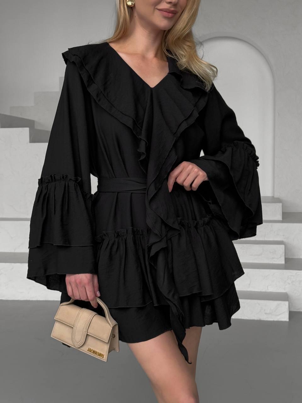 Жіночне розкішне чорне літнє плаття з льону бохо з романтичними воланами та кльошними рукавами, фото 1
