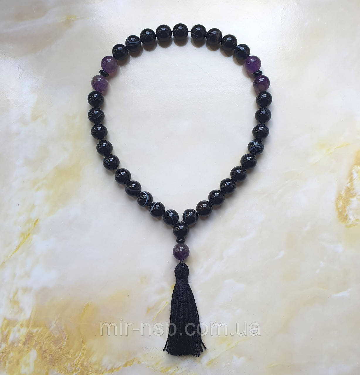 Чотки 100% натуральний чорний агат та аметист (не прес) 10 мм на 33 намистини, фото 1