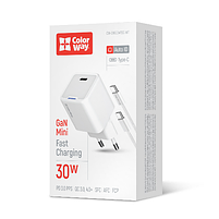 Зарядний пристрій мережевий Type-C + кабель Type-C PD 30W білий GaN Mini ColorWay, фото 7