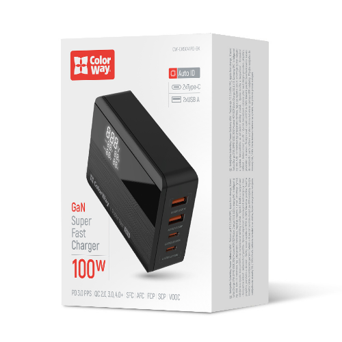Зарядний пристрій мережевий 2USB/2Type-C 100W чорний GaN ColorWay CW-CHS041PD-BK, фото 1