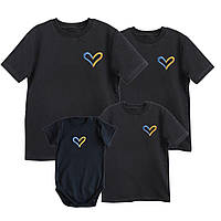 Сімейний комплект чорних футболок з вишитим синьо-жовтим сердечком