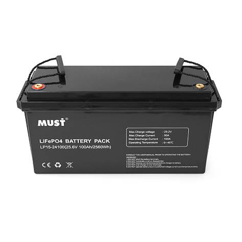 Акумуляторна батарея Must LiFePO4 LP15-24100 25.6V 100Ah, 2,56kWh, BMS50A@4S, 6000 cycles, 522x240x218, 23kg, фото 3