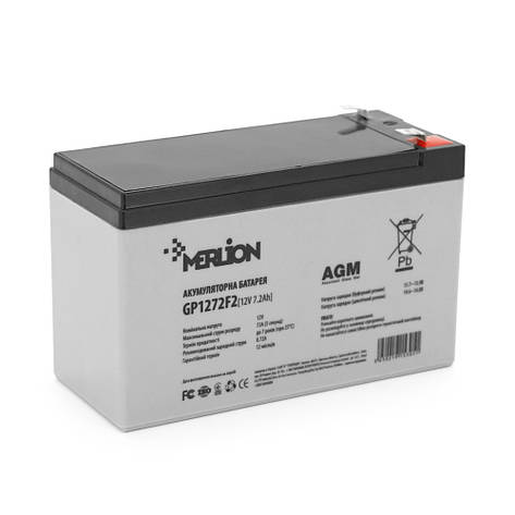 Акумуляторна батарея MERLION AGM GP1272F2B 12 V 7,2 Ah ( 150 x 65 x 95 (100)), 1.85 kg Black Q10, фото 3