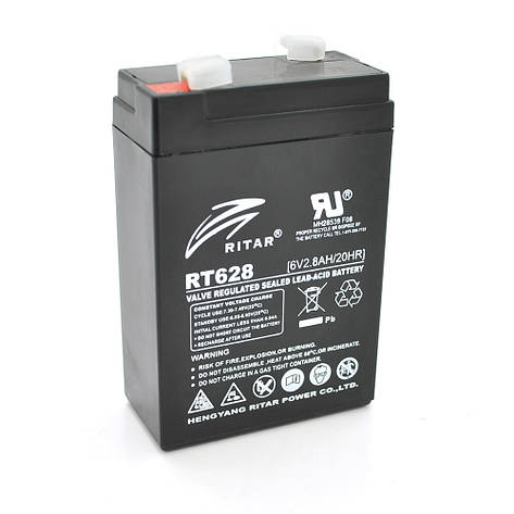 Акумуляторна батарея AGM RITAR RT628, Black Case, 6 V 2.8 Ah ( 66х34х 97 (103) ), 0.57 kg Q25, фото 1