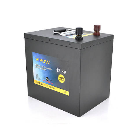 Акумуляторна батарея Vipow LiFePO4 12,8V 200Ah з вбудованою ВМS платою 100A (230*340*300), фото 1
