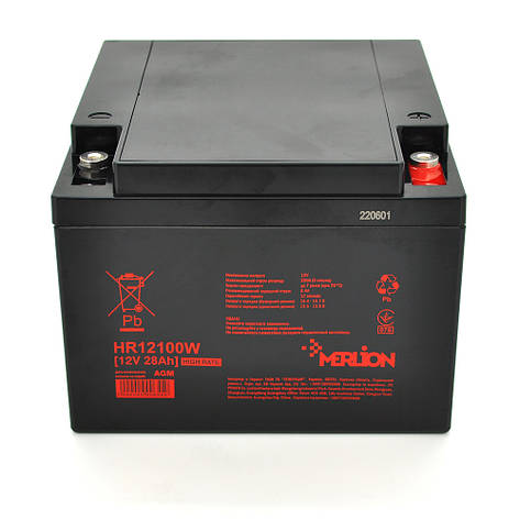 Акумуляторна батарея MERLION HR12100W, 12 V 28 Ah Black (166 х 175 х 125 (125) ), 7.7 kg, фото 1