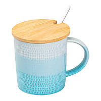 Чашка з бамбуковою кришкою та ложкою керамічна 350 мл Блакитний HP7201LB