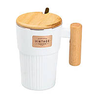 Чашка керамічна з ложкою та бамбуковою кришкою 400 мл Біла HP7205W