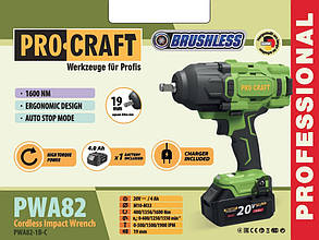 Акумуляторний гайковерт Procraft PWA82 у кейсі (Ударний, Безщітковий, 1 Акумулятор 20 В, 4 А/год і Зарядний)