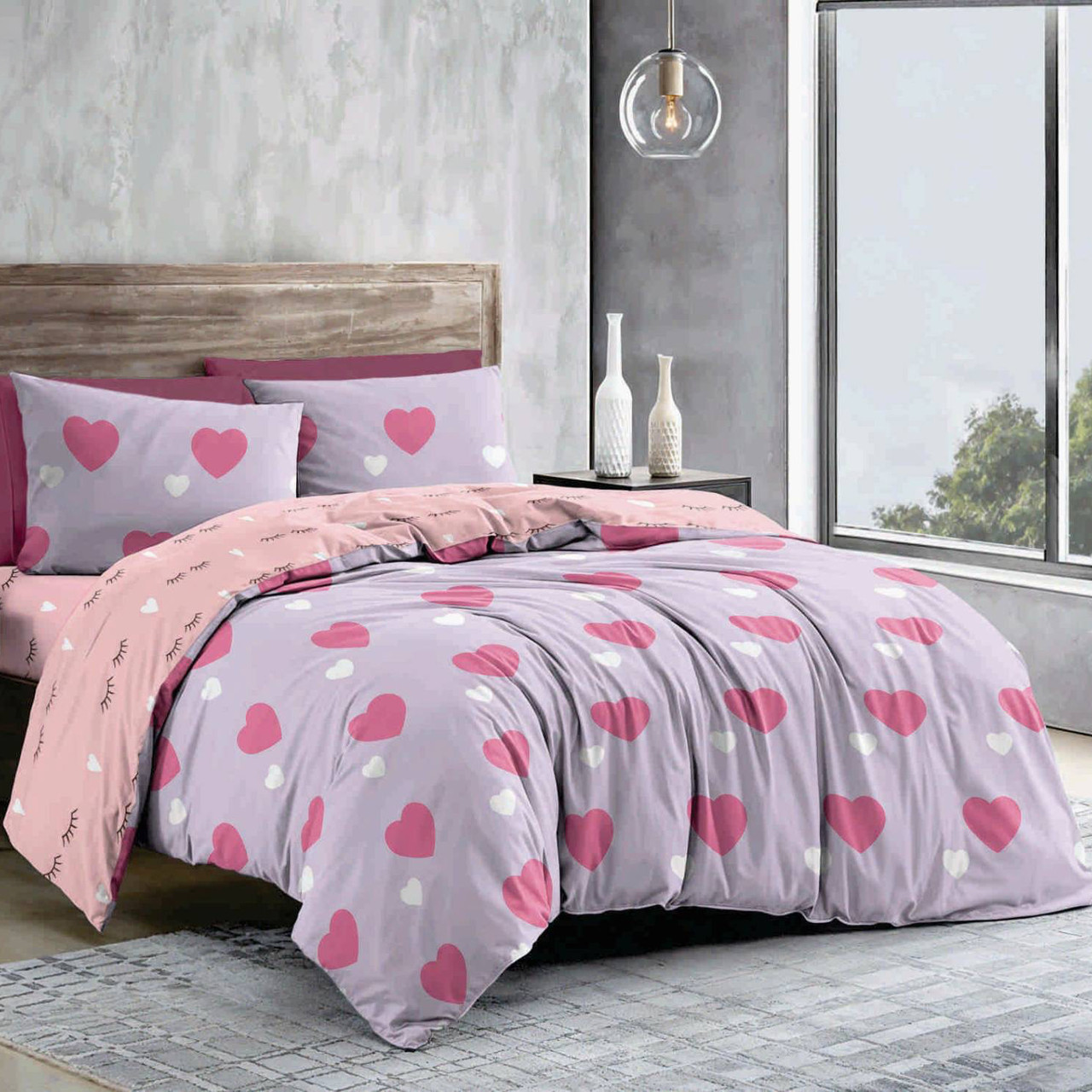 Підковдра на блискавці 145х215 (Бязь) | Полуторна підковдра від виробника "Королева Ночі" | Серця на бузковому та рожевому, фото 1