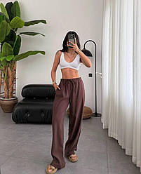 Жіночі модні літні легкі штани палаццо з поясом висока посадка базові повсякденні прямі льон жниварка Шоколад, 48/54