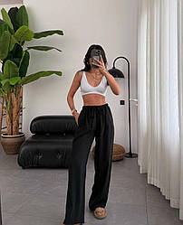 Жіночі модні літні легкі штани палаццо з поясом висока посадка базові повсякденні прямі льон жниварка