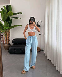 Жіночі модні літні легкі штани палаццо з поясом висока посадка базові повсякденні прямі льон жниварка Блакитний, 48/54