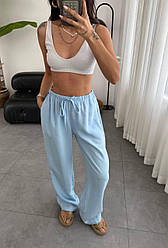 Жіночі модні літні легкі штани палаццо з поясом висока посадка базові повсякденні прямі льон жниварка Блакитний, 42/46