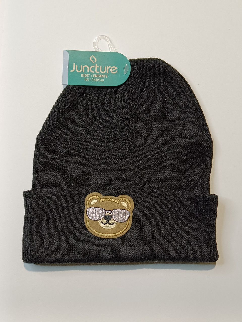 Дитяча демісезонна шапка Juncture з ведмедем і закотом, чорна, 32 см, тягнеться