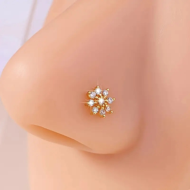 Золотиста сережка для пірсингу носа Liresmina Jewelry сніжинка з білими кристалами LuxAurum038, фото 1