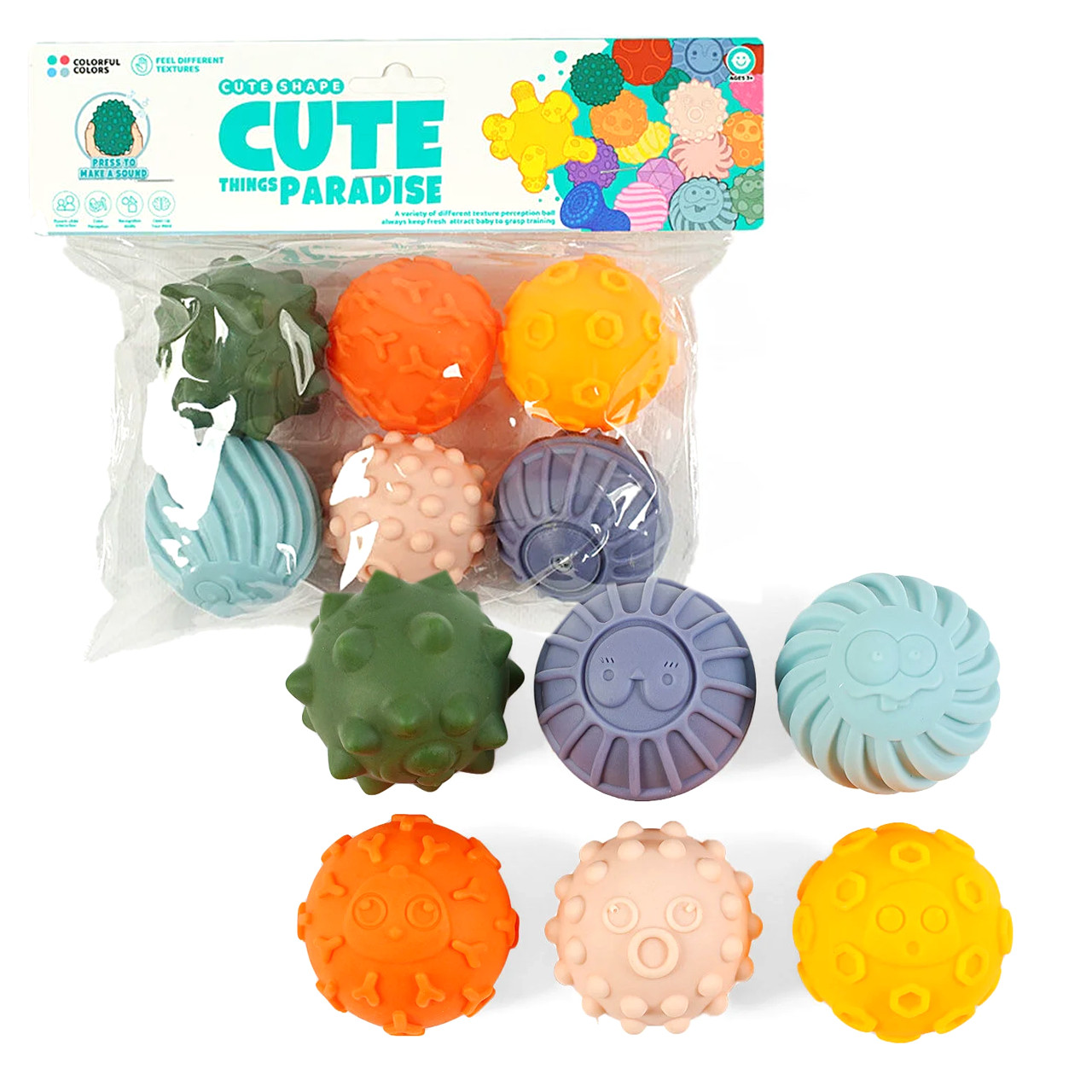 Сенсорні кульки 6шт резина рельєфні в кор 22*7*25см (508-307), фото 1