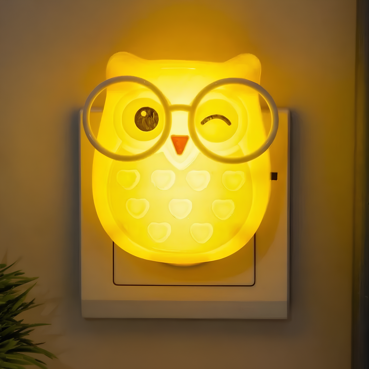 LED нічник у дитячу від мережі "Совеня в окулярах" 1W жовтий з вимикачем на корпусі Lebron L-W090