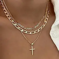Комплект ланцюжків жіночий золотистий з медичної сталі: 3 штуки, підвіска хрест, довжина 40/46/54+5 см