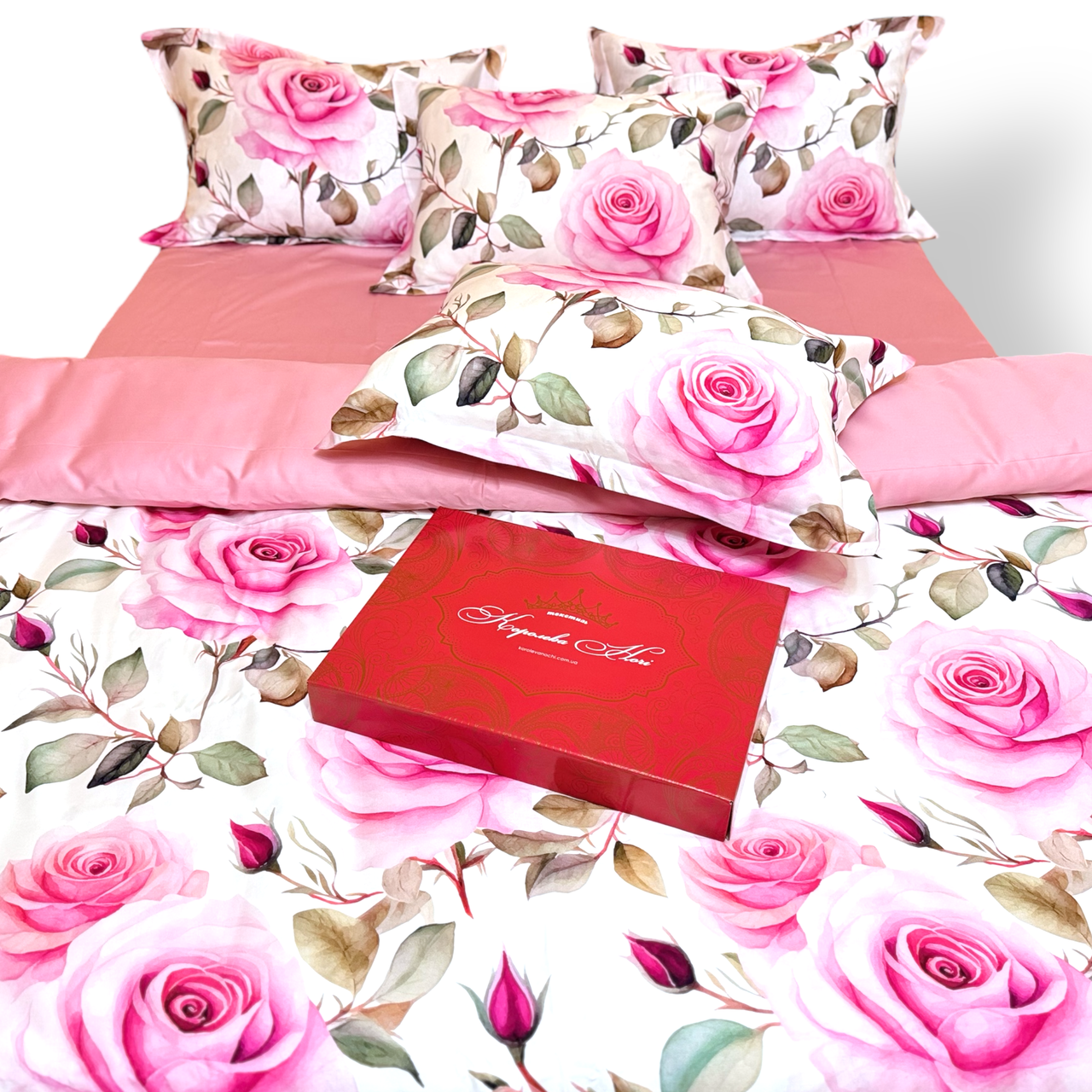 Постільна білизна Королева Ночі (Сатин Premium) | Полуторний комплект | 50х70 | Троянди на білому та рожевому, фото 1
