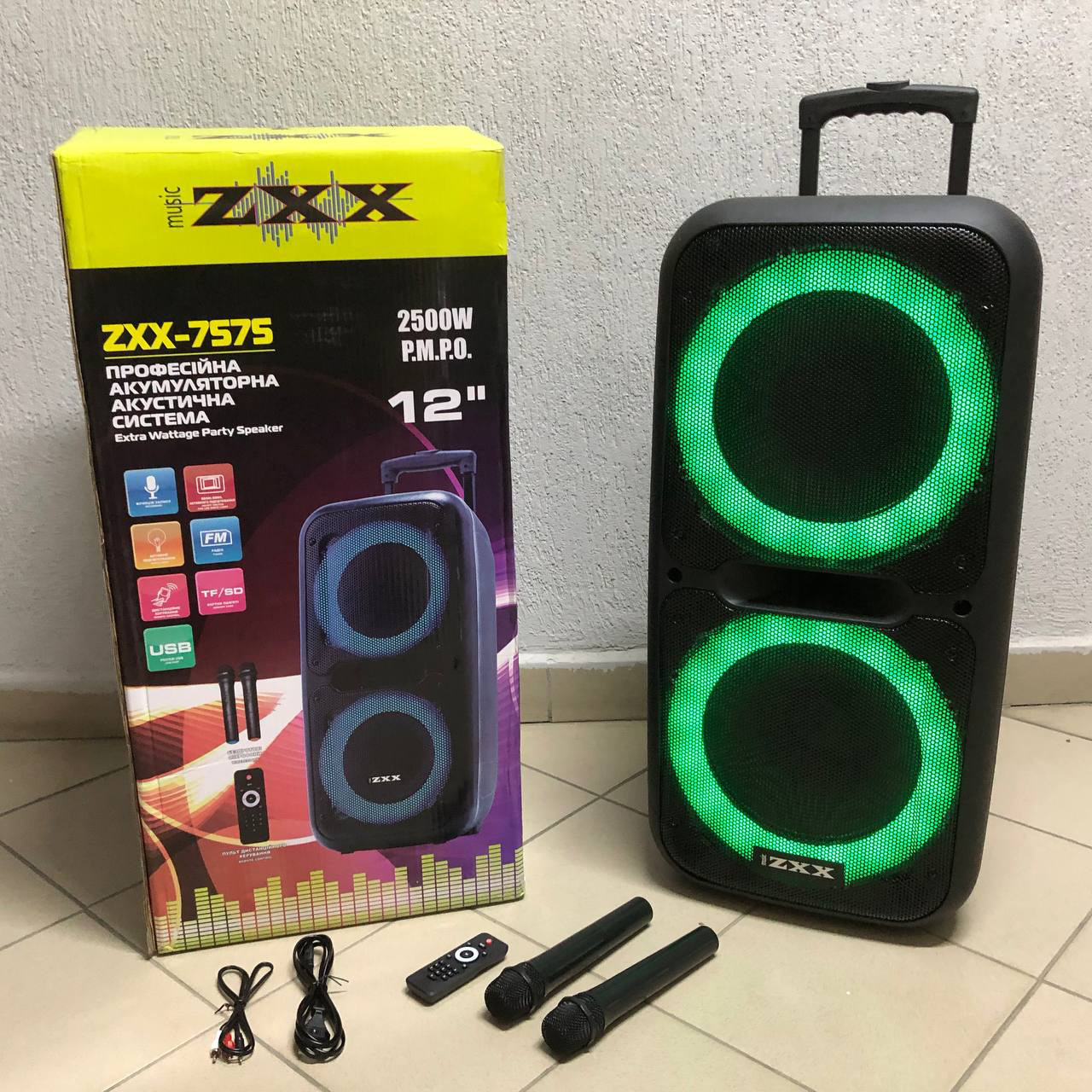 Акустична переносна колонка ZXX-7575 акумуляторна з мікрофонами 80х39х33 см, фото 1