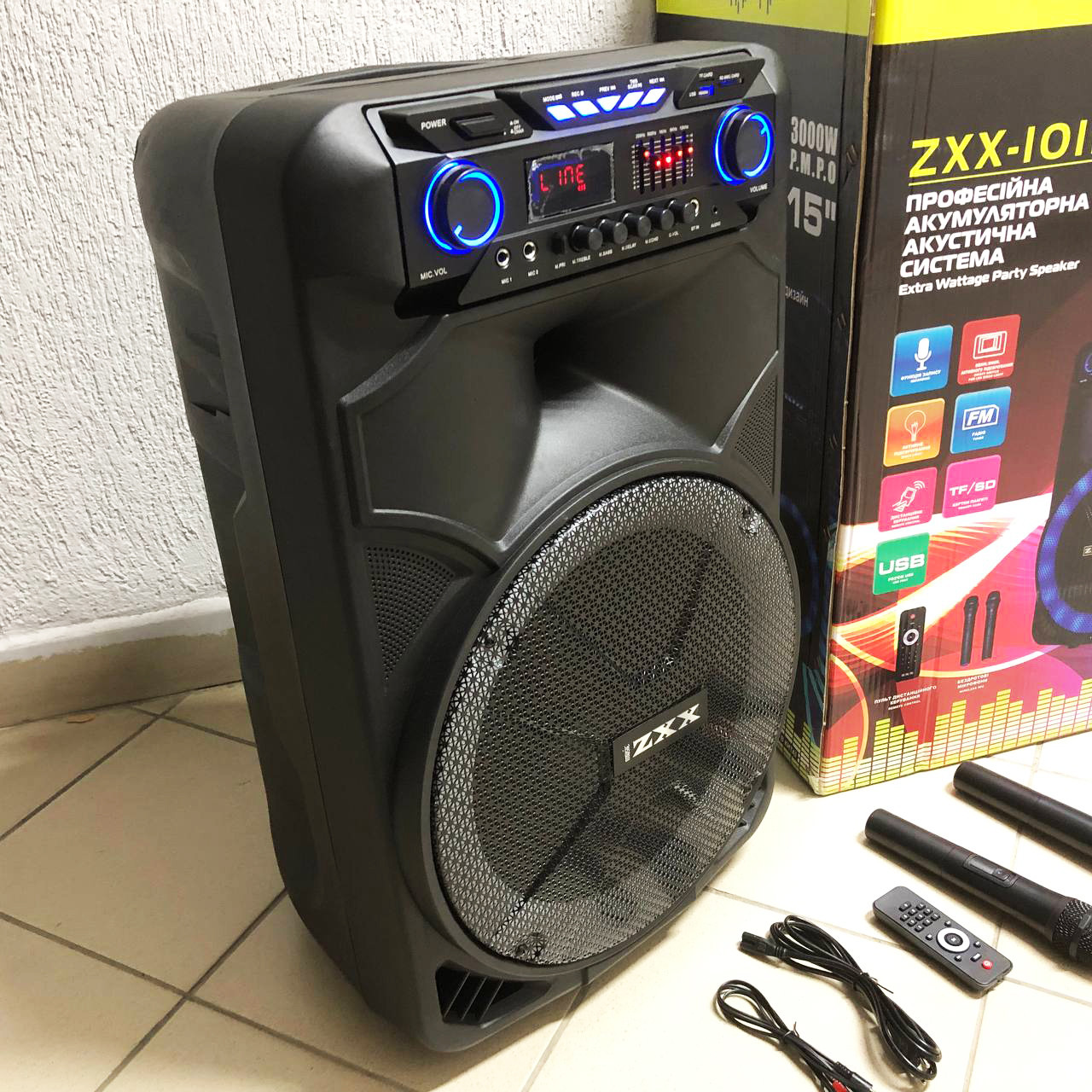 Професійна акумуляторна акустична система ZXX-1011 800Вт 15" зі світломузикою та мікрофонами, фото 1