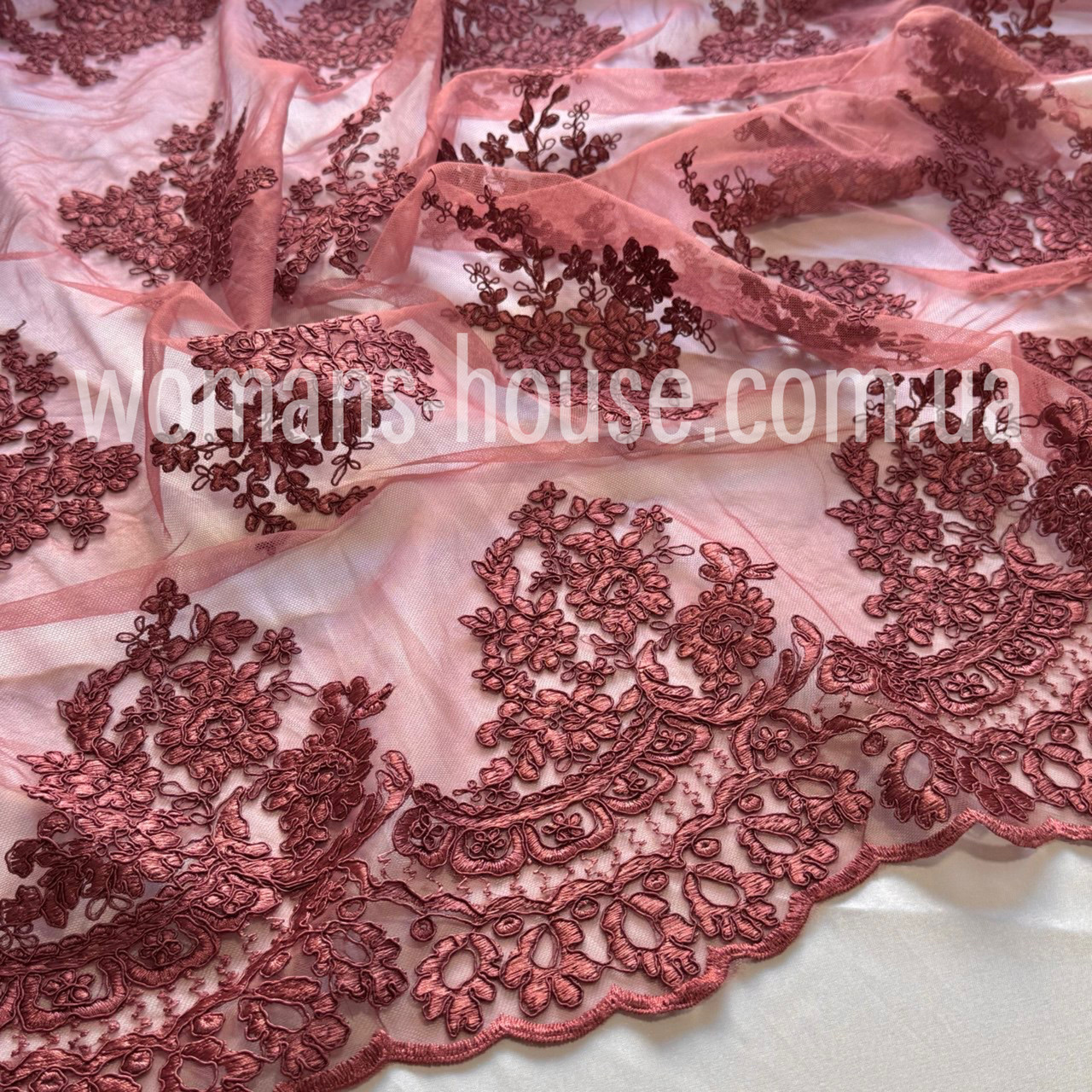 Тканина гіпюр вишита на сітці 135 см купон двосторонній Бордо темний, фото 1