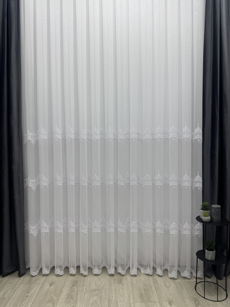 Тюль на бамбуковій основі з красивою вишивкою. Колір: білий, фото 1