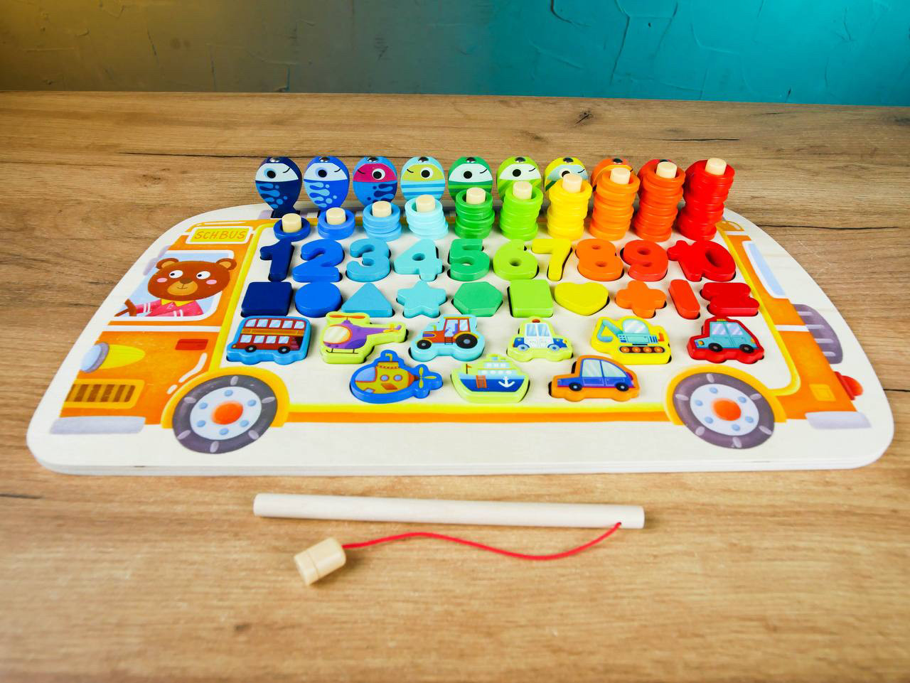 Дошка логічна 38512 (22) "WToys", "Автобус", дерев'яна, сортер, магнітна риболовля, цифри, арифметичні знаки, геометричні фігури,, фото 1