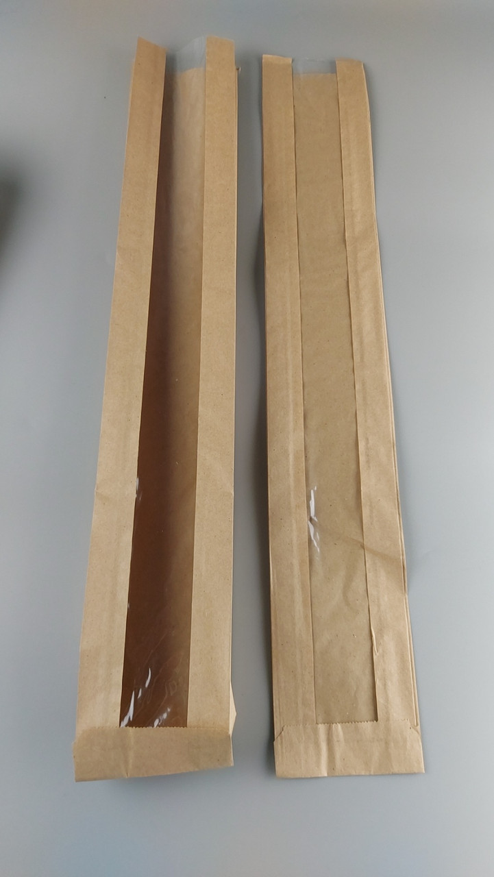 Бумажные пакеты крафт с прозрачным окошком 9/4*57 коричневый (100 шт), фото 1