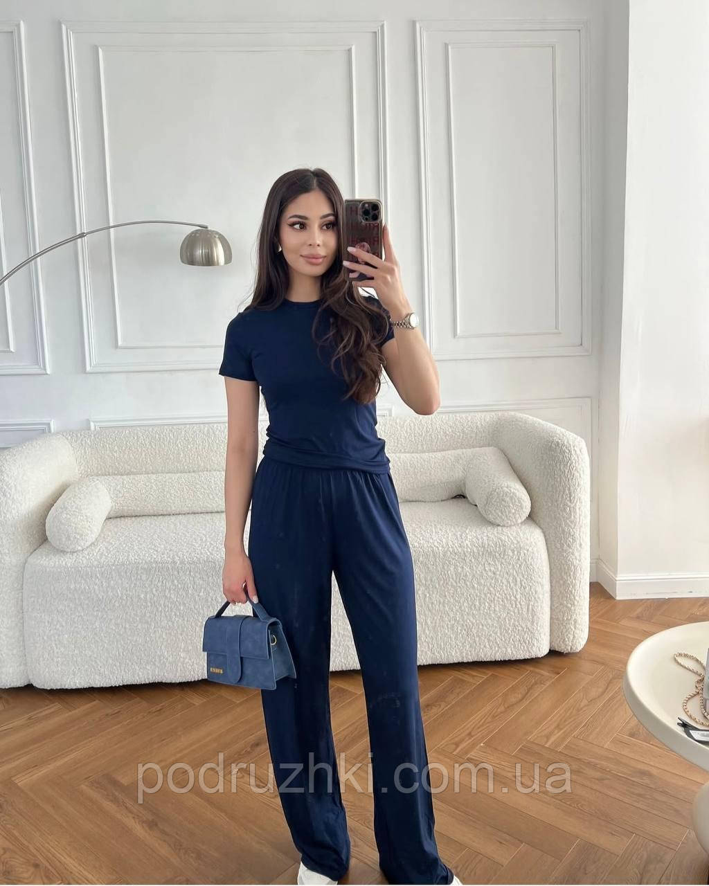 Стильний костюм з широкими штанами та футболка топ Тканина: мікродайвінг Розмір: 42-44, 44-46, 48-50, фото 1